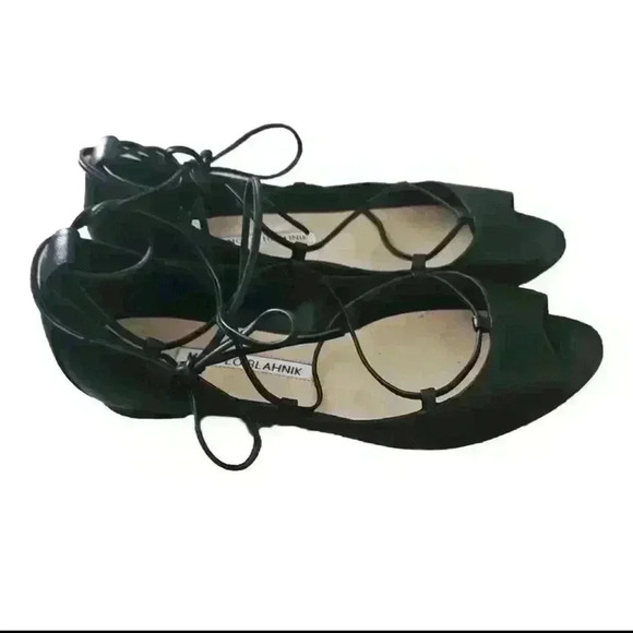Manolo Blahnik Womens Black Aneska Leather Lace-Up Open-Toe Flat 35.5 (US 5) - Picture 4 of 16